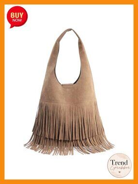 Faux Suede Tassel Fringe Hobo Shoulder Bag for Women Slouchy Handbag